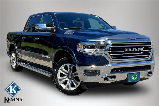 2020 RAM 1500 Laramie Longhorn Crew Cab 4x4 5'7' Box in Blue — front three-quarter view