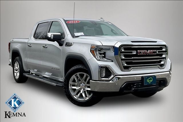 2021 GMC Sierra 1500 4WD Crew Cab Short Box SLT in Quicksilver Metallic — front three-quarter view