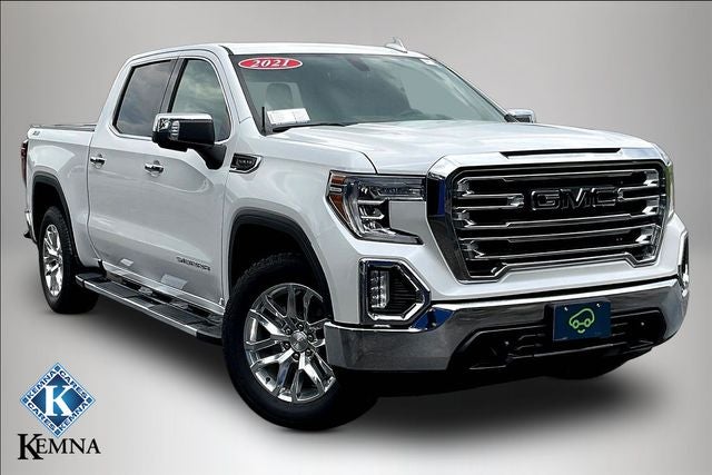 2021 GMC Sierra 1500 4WD Crew Cab Short Box SLT in White Frost Tricoat — front three-quarter view